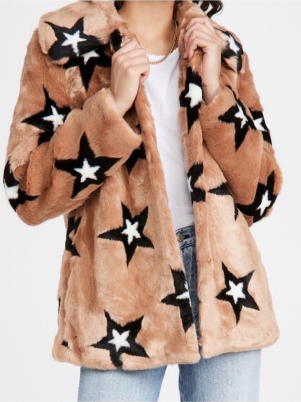 Avec Les Filles Star Faux Fur Coat Camel Black Statement Jacket XS